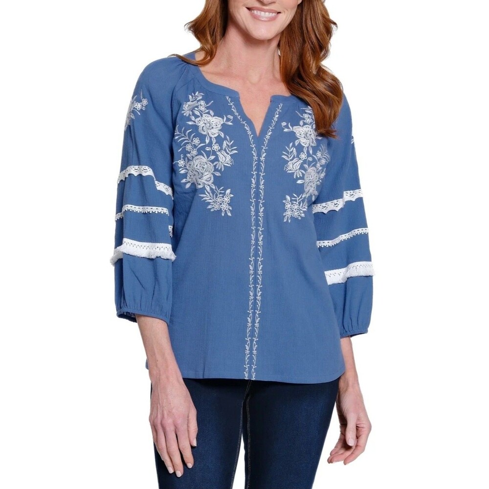 Ali Miles Embroidered Lace Tunic Top Blouse Womens Size Large Blue Boho Peasant